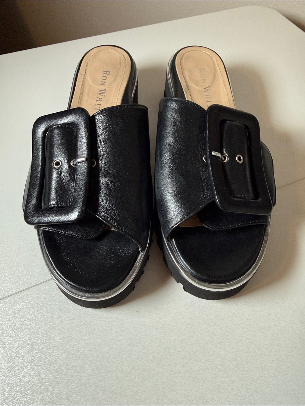 Ron White Candra Slide Sandal – Black Nappa Leather Platform Lug Slide